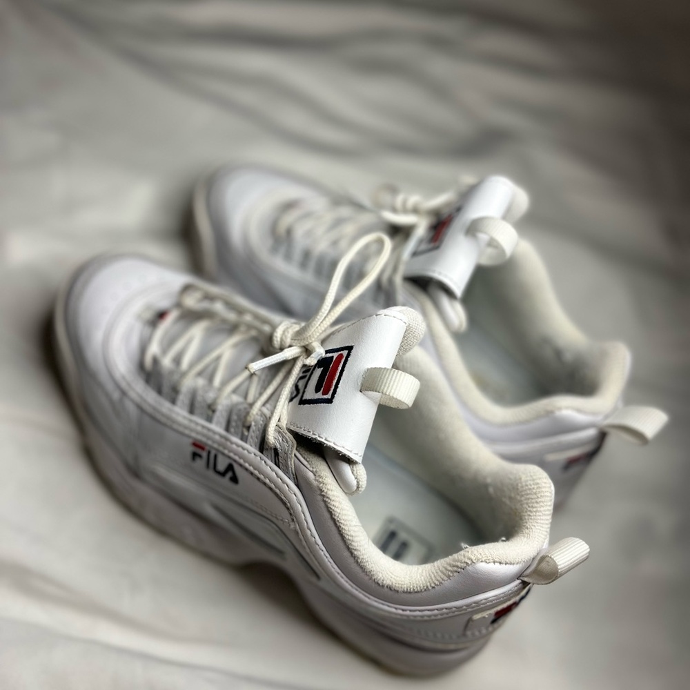 Fila ‘Disruptor II’ Chunky White Sneakers with Red Accents, Size 7.5